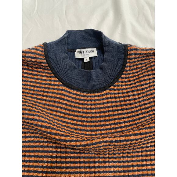 Opening Ceremony Ribbed Navy Metallic Striped Short Sleeve Sweater Top, Large - Picture 4 of 4